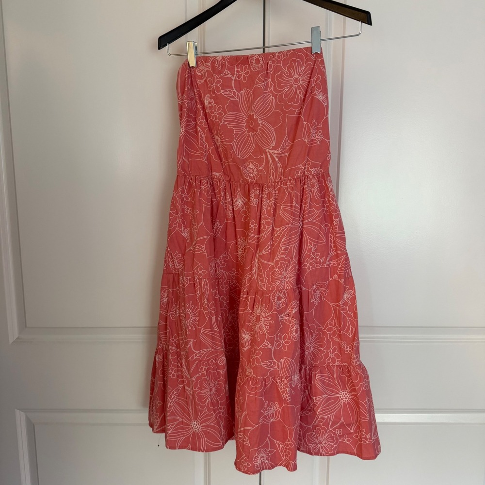 Womens XL Pink Cotton Floral Strapless Tiered Midi Dress